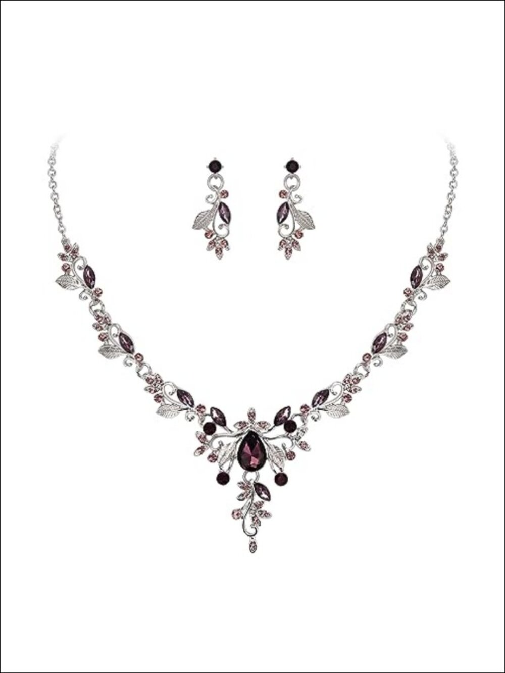 Rhinestone Crystal Floral Vine Leaf Jewelry Set Necklace Earrings